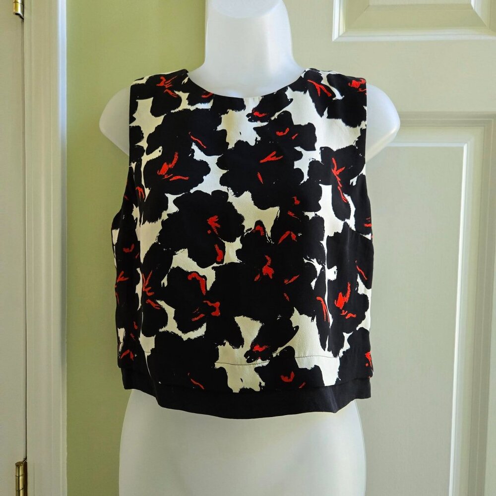A.L.C. Black and White Abstract Floral Crop Top with Red Accents